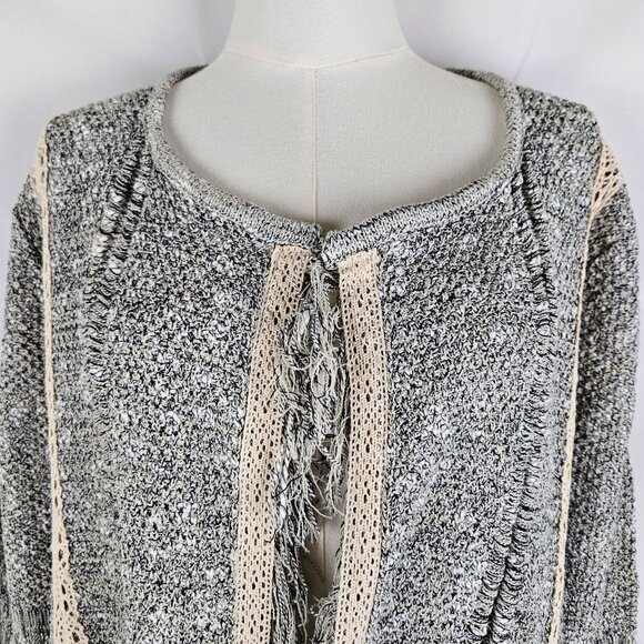 Mary McFadden Open Front Cardigan Large Boho Fringe Lace Tweed Gray - Picture 2 of 9